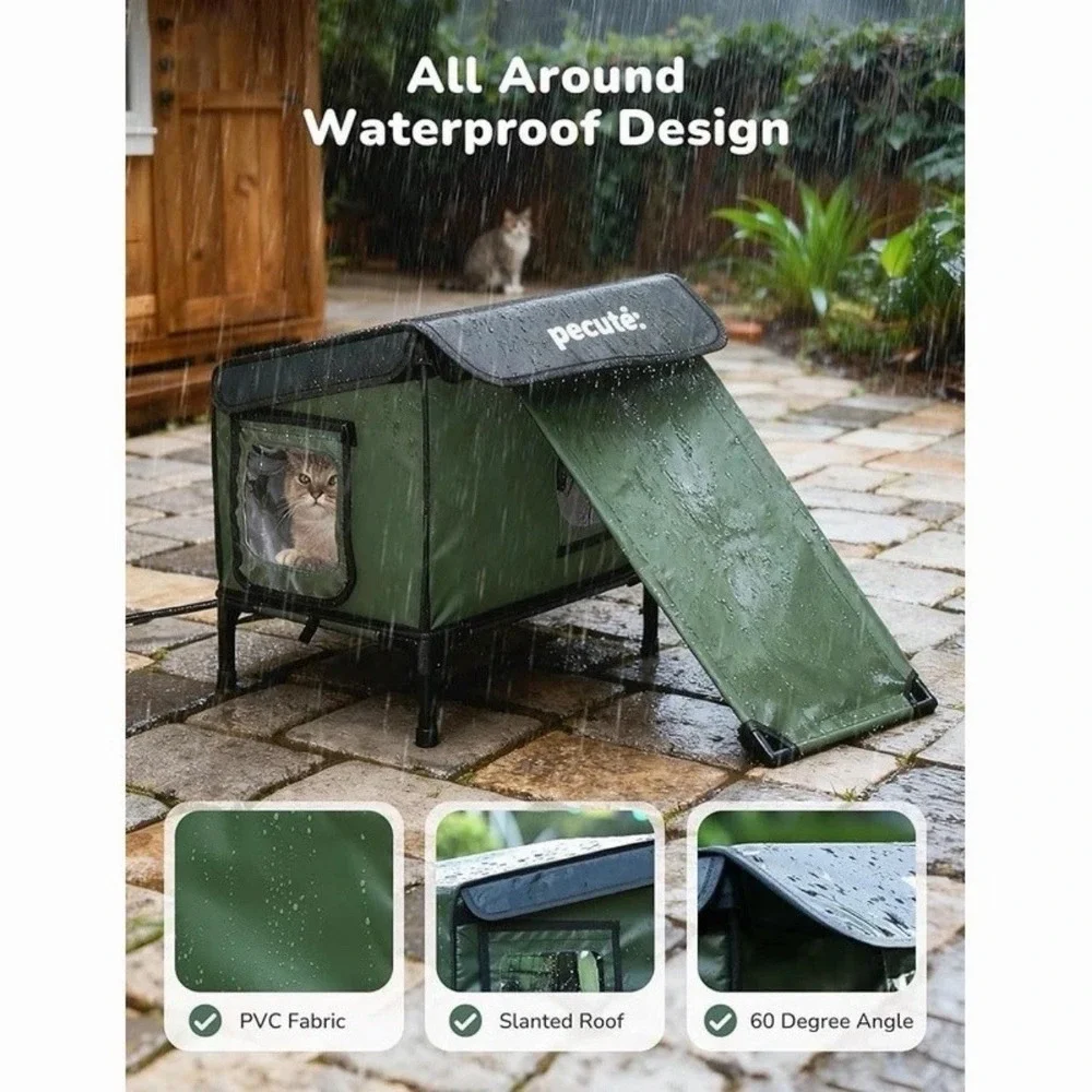 Heated Outdoor Cat House with Heating Pad‎ Weatherproof Insulated Winter Shelter